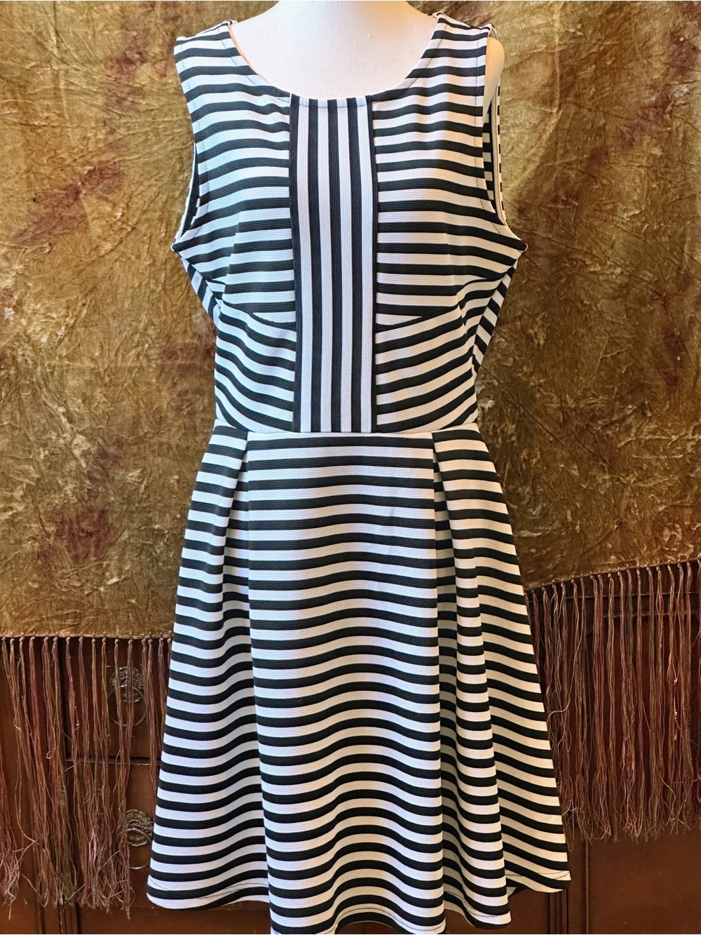 attention Black and White Striped Sleeveless Fit-and-Flare Midi Dress